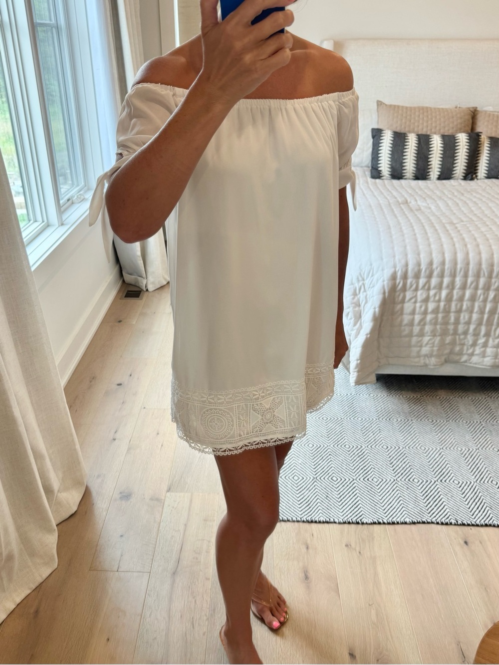 Lulu's White Off-Shoulder Lace-Hem Mini Dress